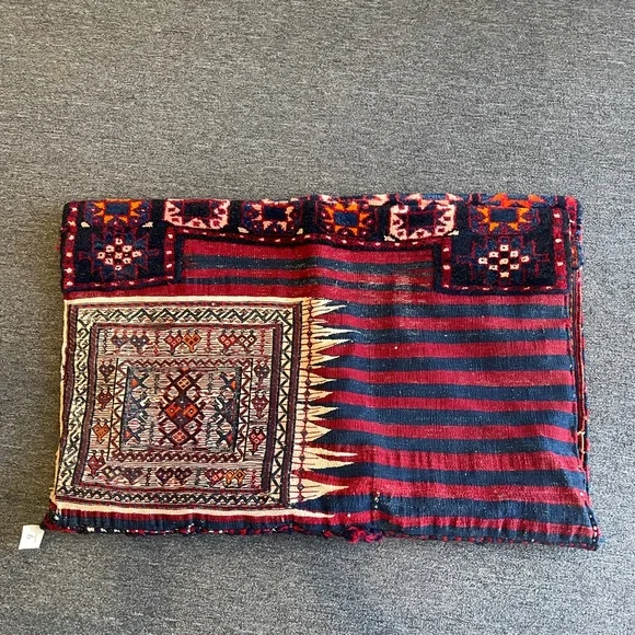 Vintage Tribal Patterned Red, Blue and CreamColored Camel Saddle Bag Woolen